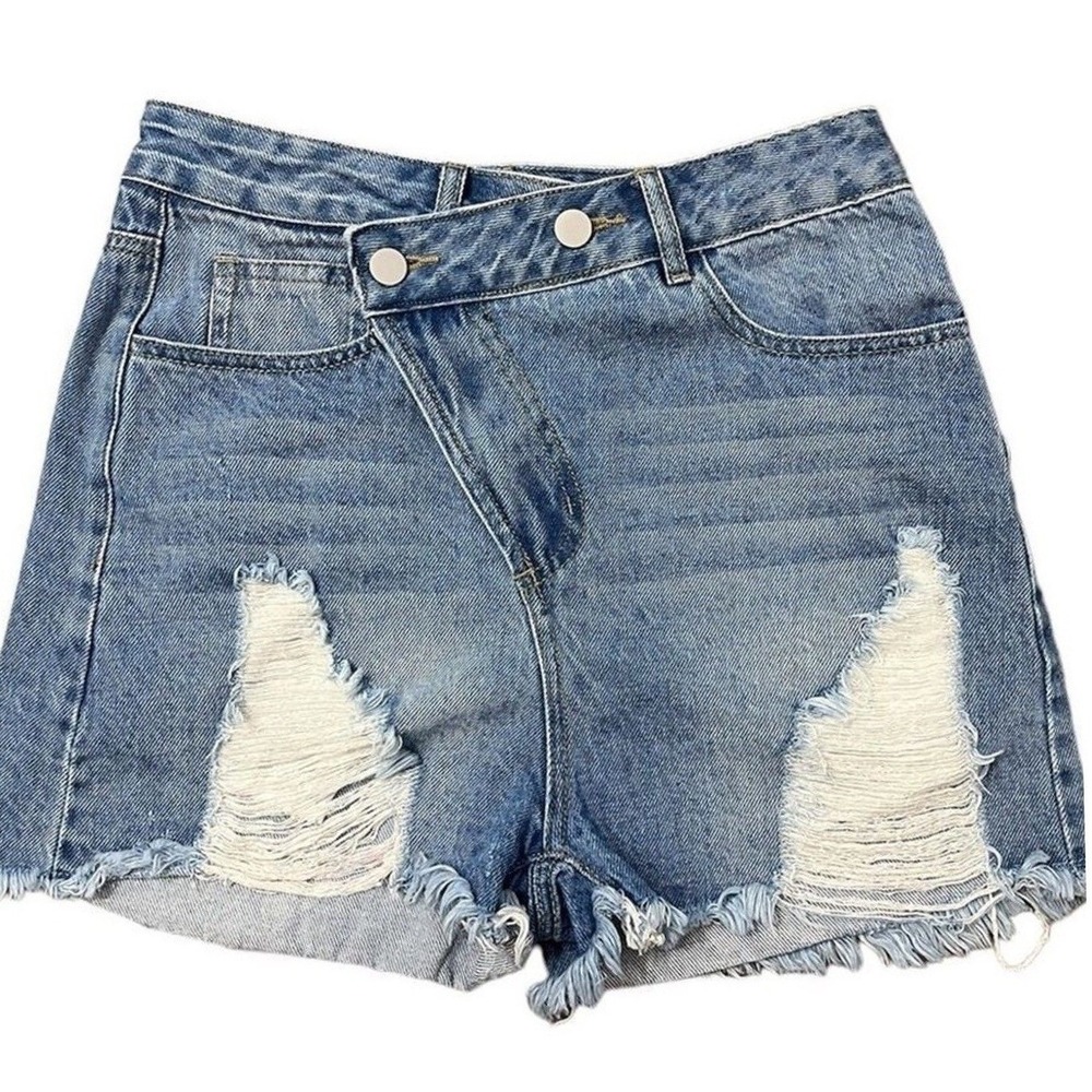 Cloud Ten Womens Asymmetrical Crossover Waist Distressed Denim Shorts Blue Small